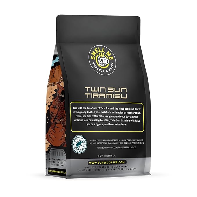 Bones Coffee Company Star Wars Twin Sun Tiramisu Flavored Coffee, Medium Roast Low Acid Arabica Beans Compatible with Auto drip and French Press Coffee Maker, 12 Oz Whole Bean