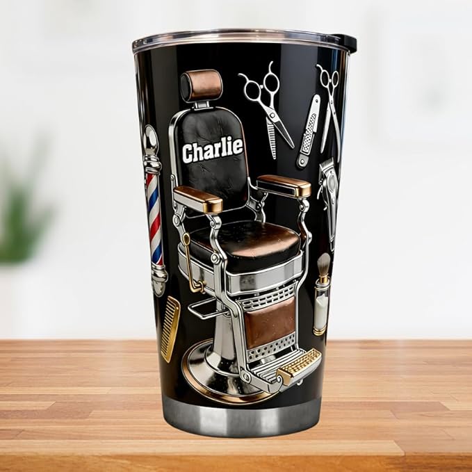 Barber Chair 2D Printed Personalized Tumbler, Barber Tumblers for Men, Custom Name Hairdresser Stainless Steel Tumbler, Barber Gifts for Men, Hairdresser Gifts, Hairstylist Gift for Men, Husband, Dad