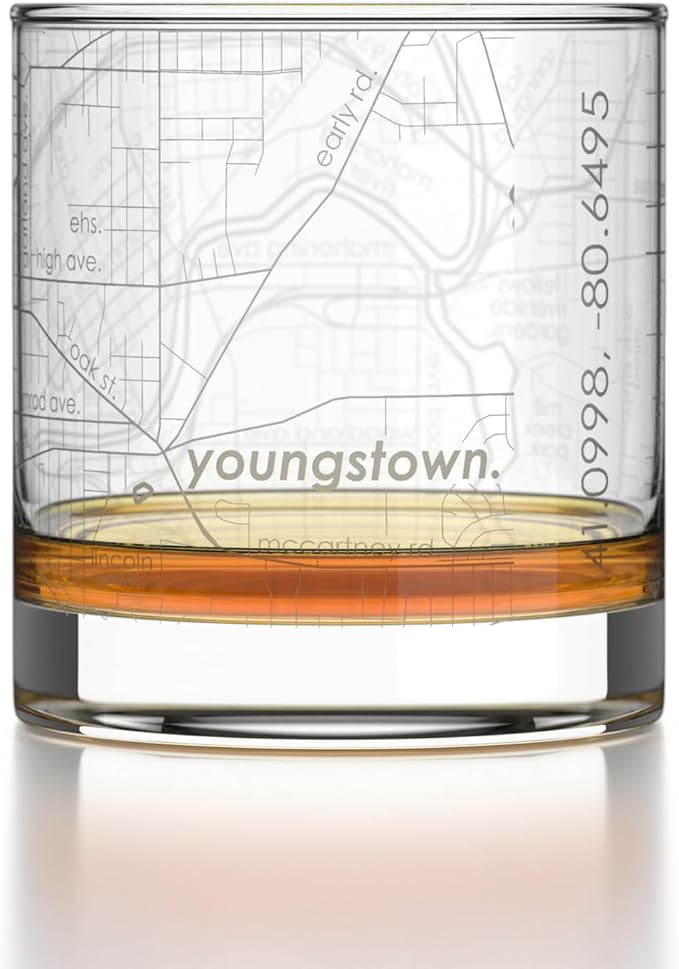 Well Told Engraved Youngstown Ohio Map Rocks Glass, Old Fashioned Glassware (11 oz, Clear) Etched Bourbon Tumbler, Gifts For Whiskey Lovers
