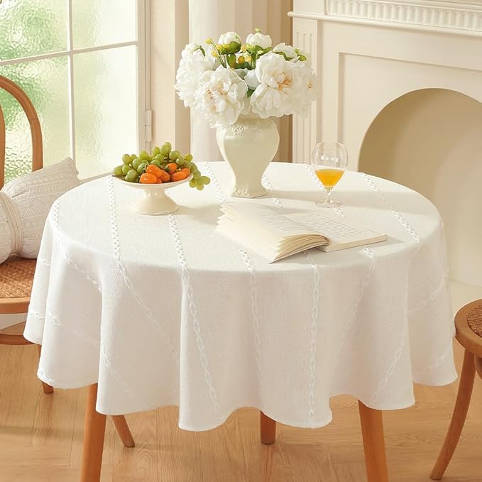 Zobesta White Table Cloth Round Tablecloth 53 inch, Washable Linen Farmhouse Soft Boho Round Table Cloth for Party, Holiday, Picnic, Dining, Outdoor,Fall, Wedding