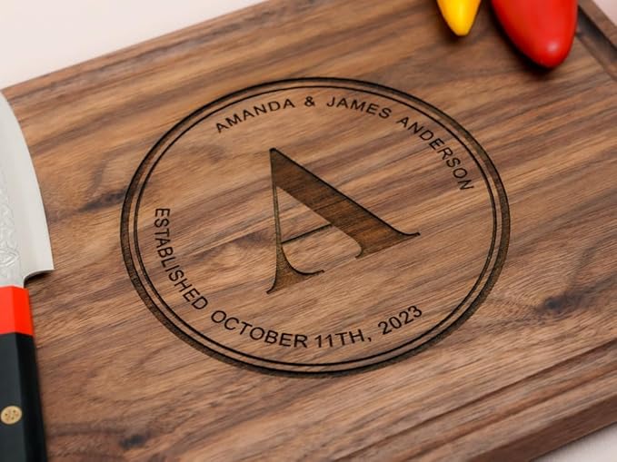 Personalized Cutting Board, Custom Wedding, Anniversary or Housewarming Gift Idea, Wood Engraved Charcuterie, for Couples, Family and Clients (Couples Stamp 088)