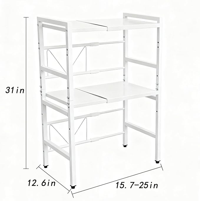 Microwave Oven Rack, Microwave Shelf Expandable Microwave Stand Countertop Kitchen Utensils, Bakers Rack, Carbon Steel Over Microwave Shelf Countertop with 6 Hooks (White, 3 Tier)