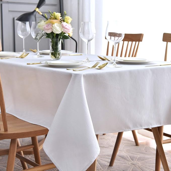 maxmill Jacquard Tablecloth Swirl Design Spillproof Wrinkle Free Heavy Weight Soft Table Cloth Decorative Fabric Table Cover for Outdoor and Indoor Use Oblong 60 x 120 Inch White