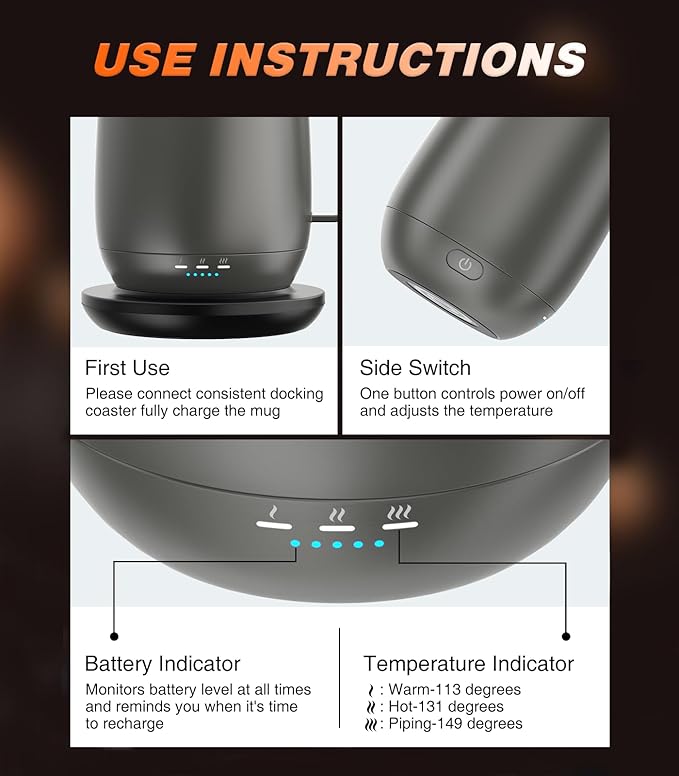 Kepwam Self Heating Coffee Mug T2, 16oz Smart Heated Coffee Mug, 150 Min Battery Life - Hot up to 149℉ Temperature Control Coffee Mug Warmer, Gifts for Dad Mom (No APP)