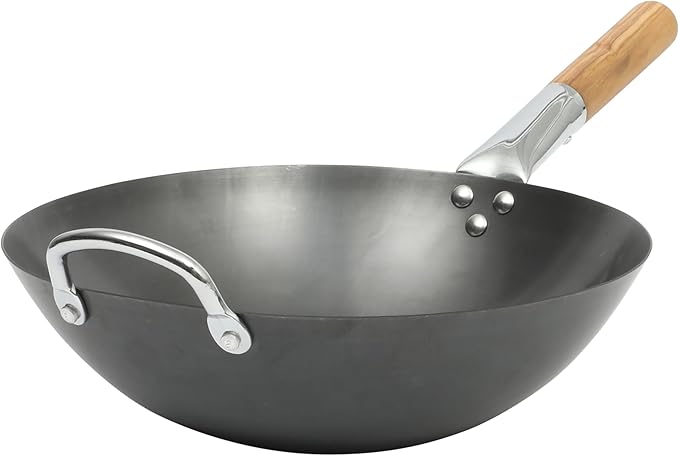 SUR LA TABLE Kitchen Essentials Quick Fire 13.5" Carbon Steel Flat Bottom Wok – Durable Nonstick Stir Fry Pan