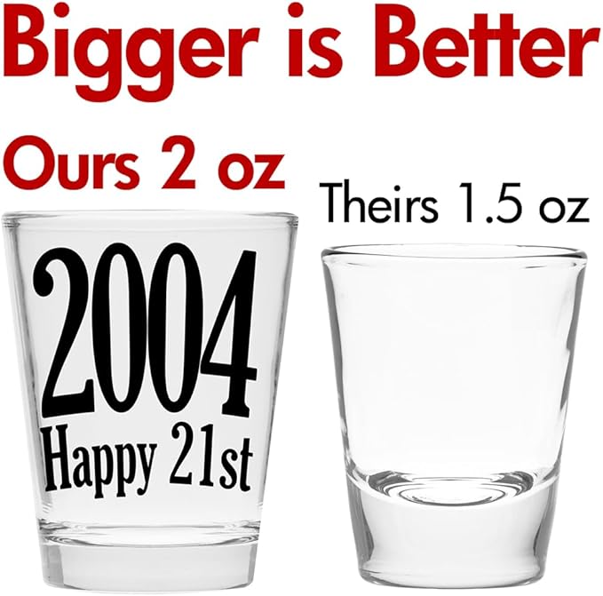 Make Em Laugh 2004 Happy 21st Birthday Shot Glass Gift - Celebrate Turning Twenty-One - Perfect Birthday Gifts for Him or Her - Party Supplies