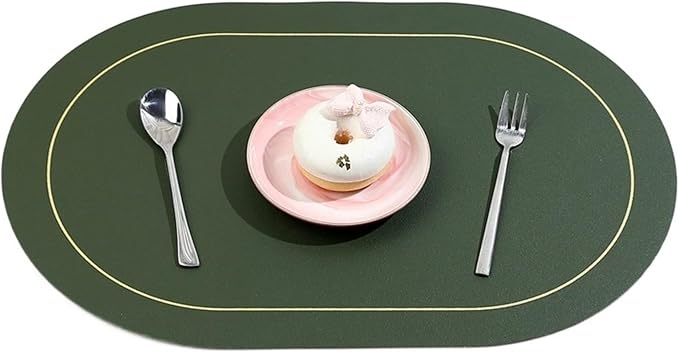 Ellipse Two-Sided Placemat Tableware Pad Table Mat Heat Insulation PU Leather Placemats Bowl Coaster Kitchen Non-Slip(Dark Green)