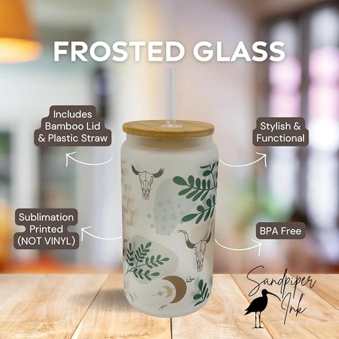 16oz Frosted Glass With Bamboo Lid and Plastic Straw - Western (Western #3, 16oz)
