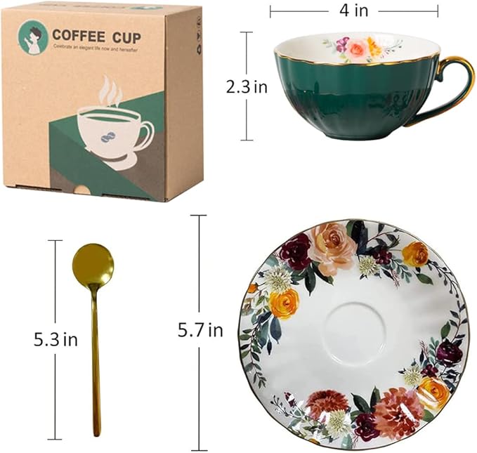 Green Tea Cup and Saucer,Porcelain Coffee Cup Royal Ceramic Floral Lined Design Teacup with Gold Trim and Spoon,8 oz Vintage China Mug Cup for Latte,Cappuccino,Tea Sets Birthday Gift