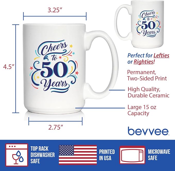 Bevvee Cheers to 50 Years - Coffee Mug Gifts for Women & Men - 50th Anniversary Party Decor - Large 15oz White Ceramic Mug