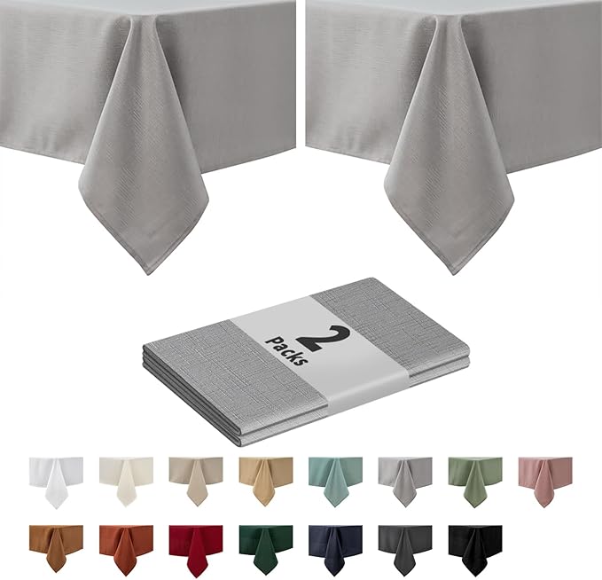 maxmill 2 Pack 60 x 84 Inch Light Grey Faux Linen Textured Rectangle Tablecloth Water Resistant Wrinkle Free Spill-Proof, Soft Table Cloth for Dining Room Decoration, Banquet Parties Holiday Dinner