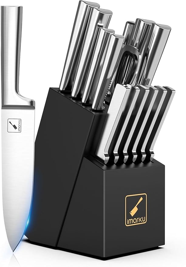imarku Knife Set - 15PCS Kitchen Knife Set Japanese High Carbon Stainless Steel Knives Set for Kitchen, Dishwasher Safe Ultra Sharp Professional Chef Well Balance Knife Block Set, Black