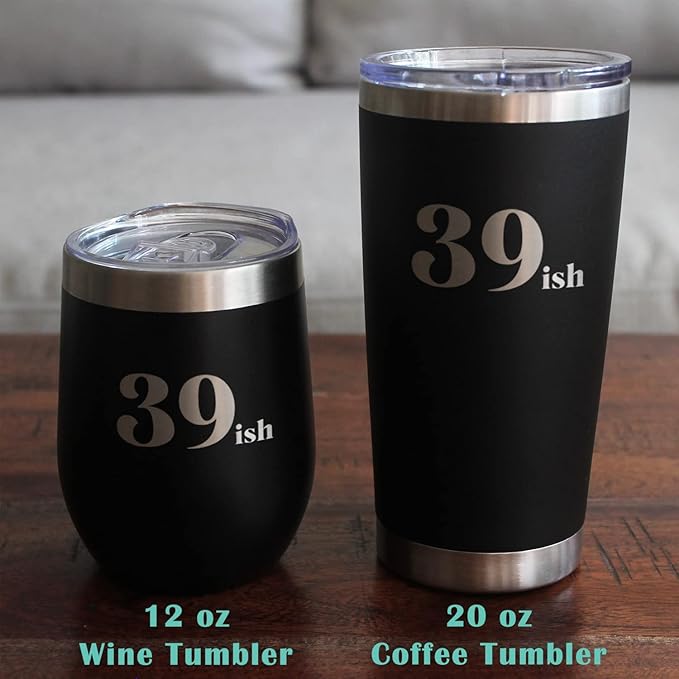 Bevvee 39ish - Funny 40th Birthday Wine Tumbler Glass with Sliding Lid - Stainless Steel Insulated Mug - Bday Party Decorations for Women Turning 40 - Purple