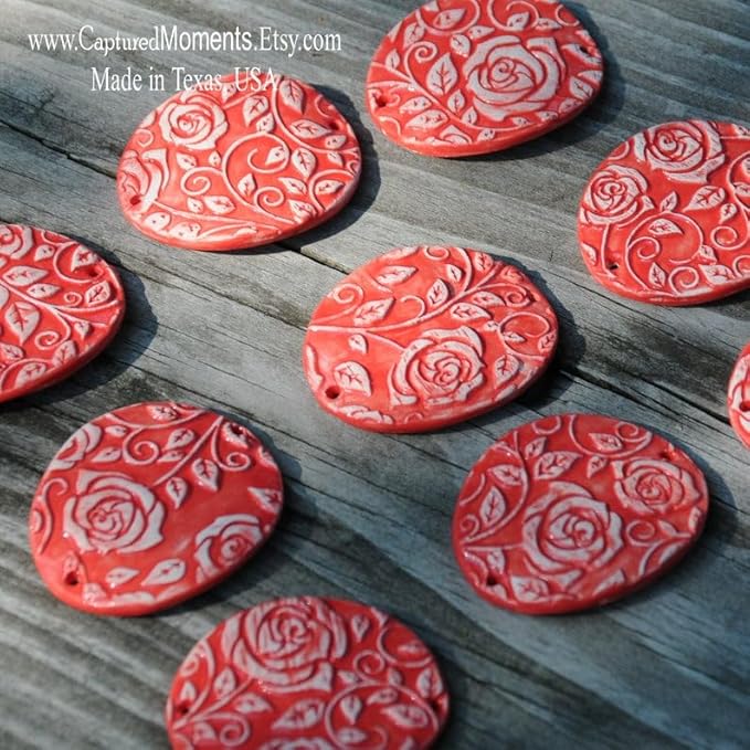 DAMASCUS ROSES Embossed Rolling Pin Wooden Embossing Dough Roller for Cookies and Ceramic by Algis Crafts