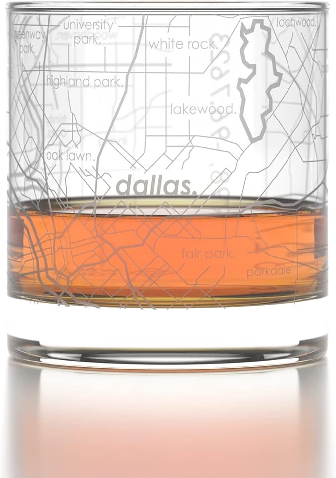 Well Told Engraved Dallas Texas Map Rocks Glass, Old Fashioned Whiskey Glass (11 oz, Clear) Etched Whiskey Glass, Gifts For Whiskey Lovers