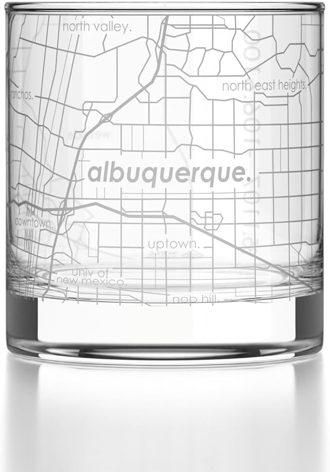 Well Told Engraved Albuquerque New Mexico Map Rocks Glass, Old Fashioned Glassware (11 oz, Clear) Etched Bourbon Tumbler, Gifts For Whiskey Lovers