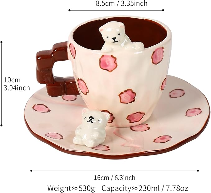 Cute Ceramic Coffee Mug, Handmade Polar Bear Tea Cups and Saucers for Women Tea Party, Latte Milk Cappuccino 8OZ (Pink Polka Dots)