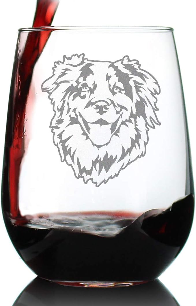 Australian Shepherd Face - Stemless Wine Glass - Unique Dog Themed Decor and Gifts for Lovers of Aussies - Large 17 Ounce