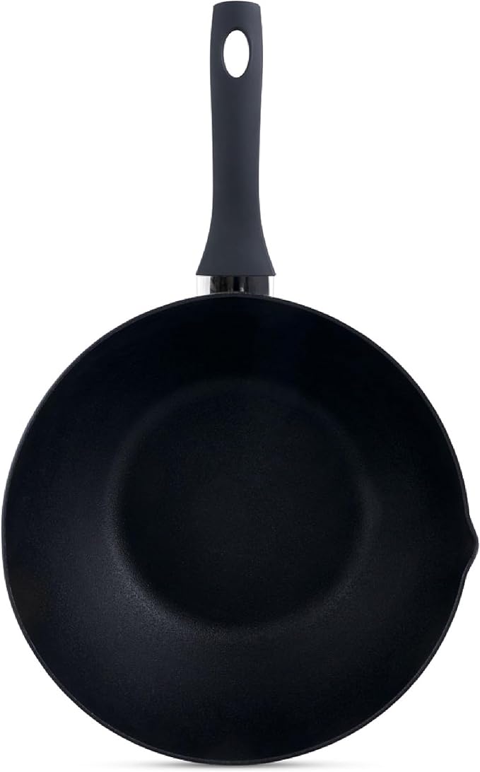 Ken Hom Stir Fry Wok 12" Aluminum Nonstick Pan with Soft Touch Handle and Flat Bottom, Black