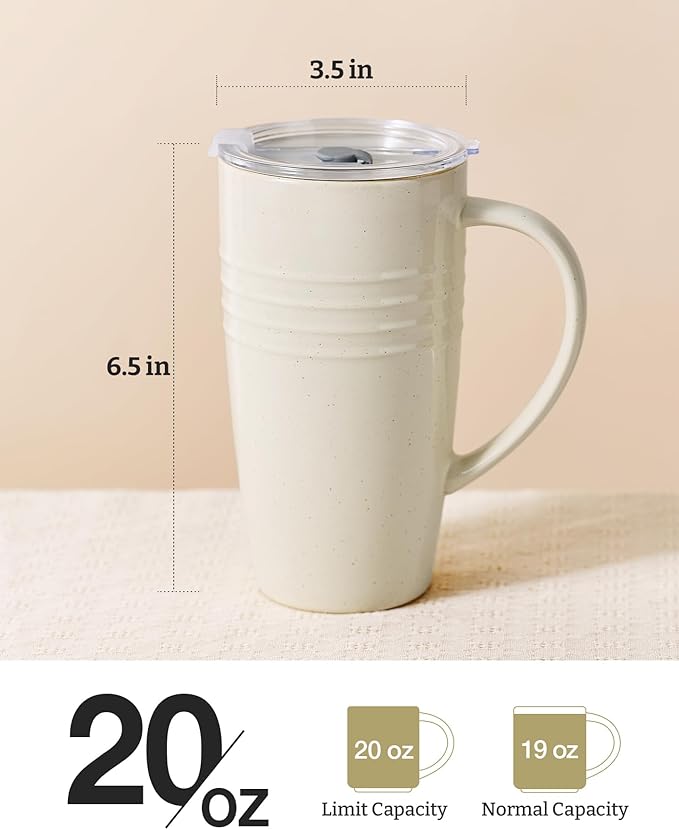 famiware Jupiter Large Coffee Mug, 20oz Coffee Mug with Lid, Ceramic Mugs Set of 2, Cup Set with Handle for Latte, Tea, Cocoa, Milk, Home & Office, Microwave and Dishwasher Safe, Vanilla White