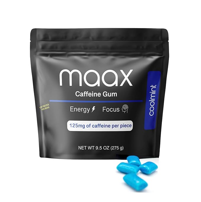 Maax Caffeine Energy Gum | Focus Gum | 125mg of caffeine per piece | Coolmint | 125 total pieces per bag