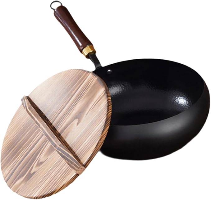 Iron Wok Nonstick Wok with Wooden Lid Soup Pot Skillet Frying Pan for Stir Frying and Stewing Open Flame Cooking Gas Stoves, 26cm