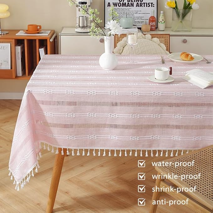 Pahajim Striped Tablecloth Rectangle with Tassels Thick Linen Cotton Table Cloth for Outdoor Picnic Dining and Holiday Kitchen Decor Rectangle/Oblong,55''x102'', 8-10 Seats