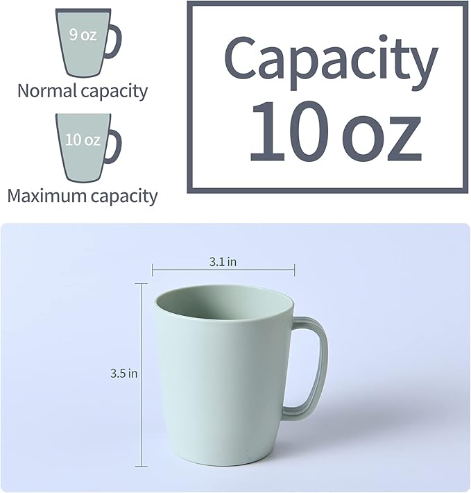 Coffee Mugs Set of 5, 10 Ounce Unbreakable Plastic Cups With Handle, 3 Basic Colors, Dishwasher Safe