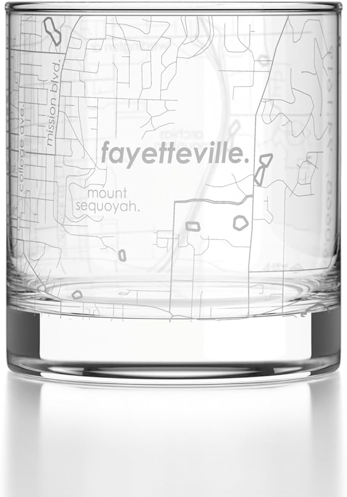 Well Told Engraved Fayetteville Arkansas Map Rocks Glass, Old Fashioned Glassware (11 oz, Clear) Etched Bourbon Tumbler, Gifts For Whiskey Lovers