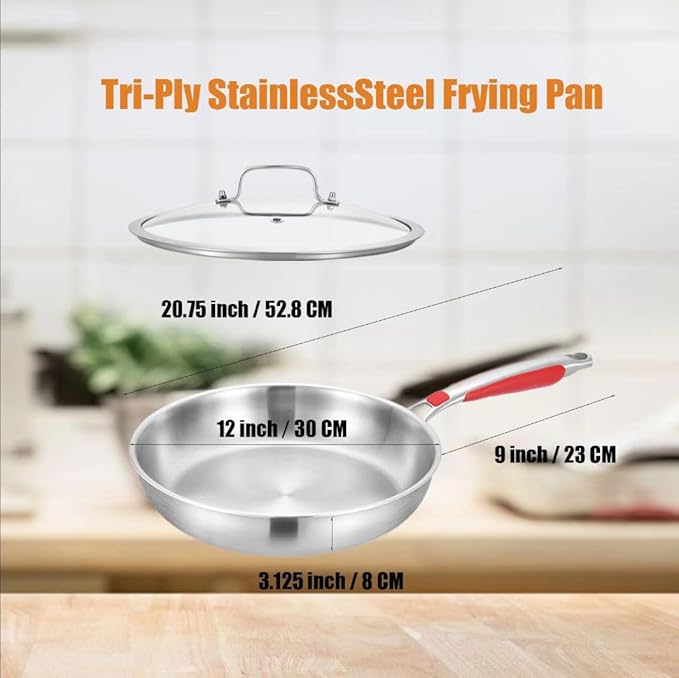 Inqibee 12 Inch Tri-Ply Stainless Steel Frying Pan with Lid, Skillet, Induction Cooking Pan, Dishwasher Safe, Detachable Large Handle
