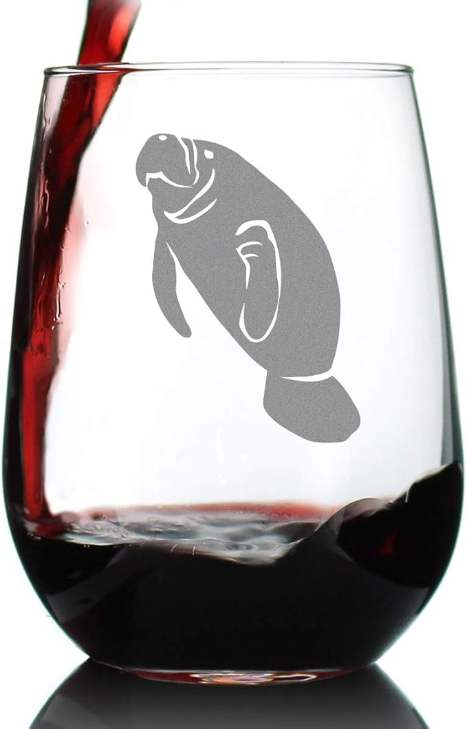 Bevvee Manatee Stemless Wine Glass - Funny Ocean Animals Themed Decor and Gifts for Sea Creature Lovers - Large 17 Oz