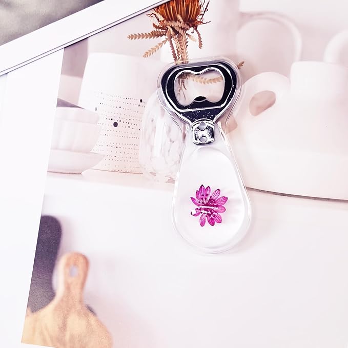 Resin Art Bottle Opener – Real Astrantia Flower, Clear Grey, 1 PCS, Feminine Gift for Women, Floral Lucky Charm, Decorative Resin Bar Tool