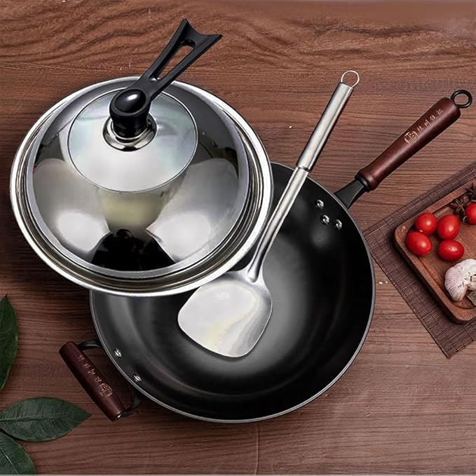 13.4" Cast Iron Flat-bottom Wok, Traditional Chinese Cooking Pan, Saute Stir-Fry Cookware with Wooden Handle, Physical Non Stick, Use on Induction, Electric, Gas, Open Fire,BBQ,Grill &Camping