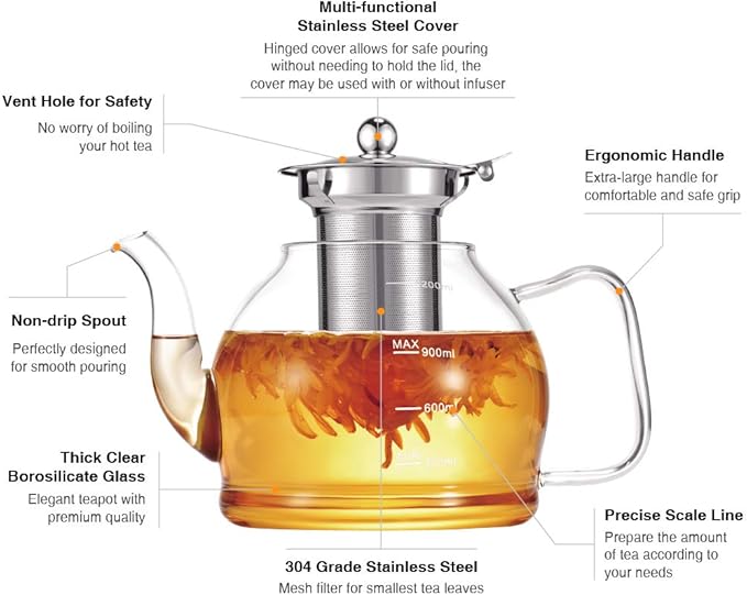 Glass Teapot, 40oz/1200ml Tea Pot with Removable Infuser for Loose Tea, Stovetop Safe Borosilicate Glass Tea Kettle with Strainer and Lid, Hand Crafted Clear Teapot with Scale Line, Tea Brewer Guide