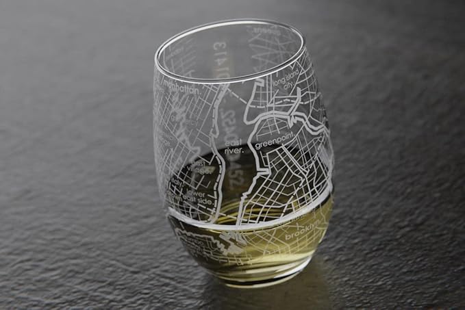 Well Told Engraved New York City Map Stemless Wine Glass, Etched Glass (15 oz, Clear) Custom Gifts for Lovers