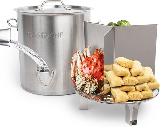 GasOne Stainless Steel Steamer – 20qt Steamer Pot for Cooking with Water Fill Spout, Rack, Divider – Steam Pot for Tamales and Crab Boil – Induction Ready