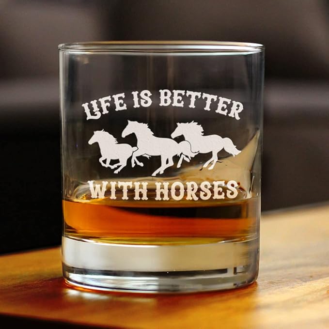 Life Is Better With Horses - Whiskey Rocks Glass Gifts - Funny Horse Gifts and Decor for Men & Women - 10.25 Oz Glasses