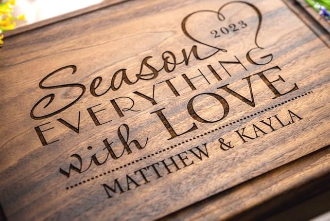 Personalized Cutting Board, Custom Wedding, Anniversary or Housewarming Gift Idea, Wood Engraved Charcuterie, for Couples or Family, Season with Love Design 032