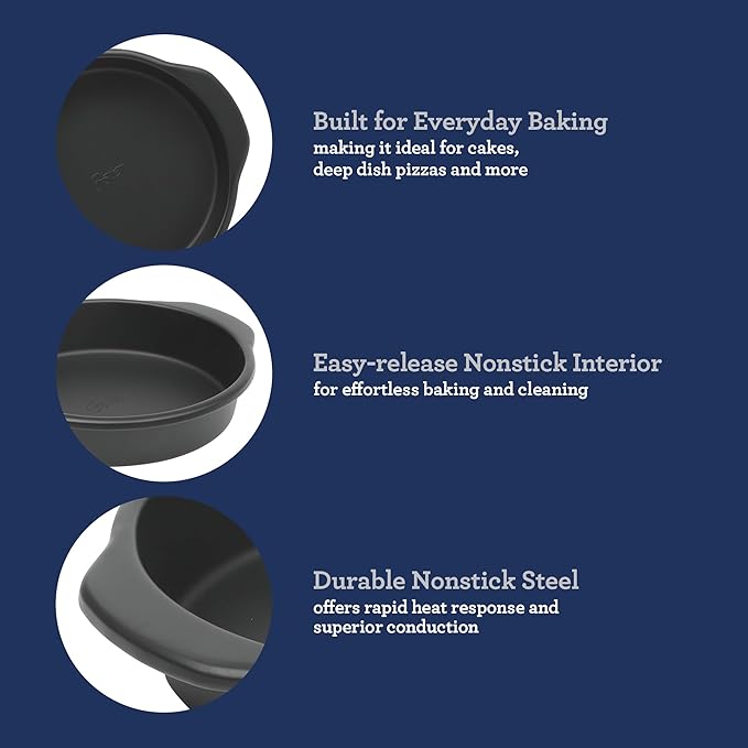 Oster Teston 9-Inch Round Cake Pan, Nonstick Carbon Steel Bakeware, Matte Black, PFAS-Free, Oven-Safe, Easy Release Baking Pan