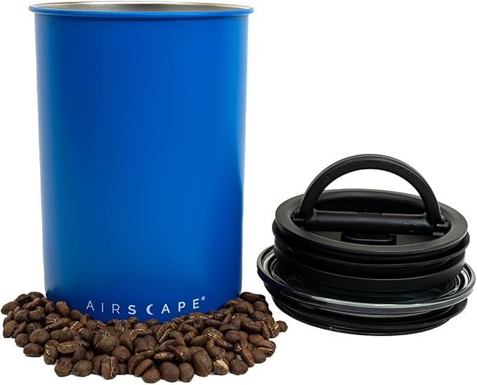 Planetary Design Airscape Stainless Steel Coffee Canister | Food Storage Container | US Patented Airtight Lid | Push Out Excess Air Preserve Food Freshness (Medium, Matte Blue)