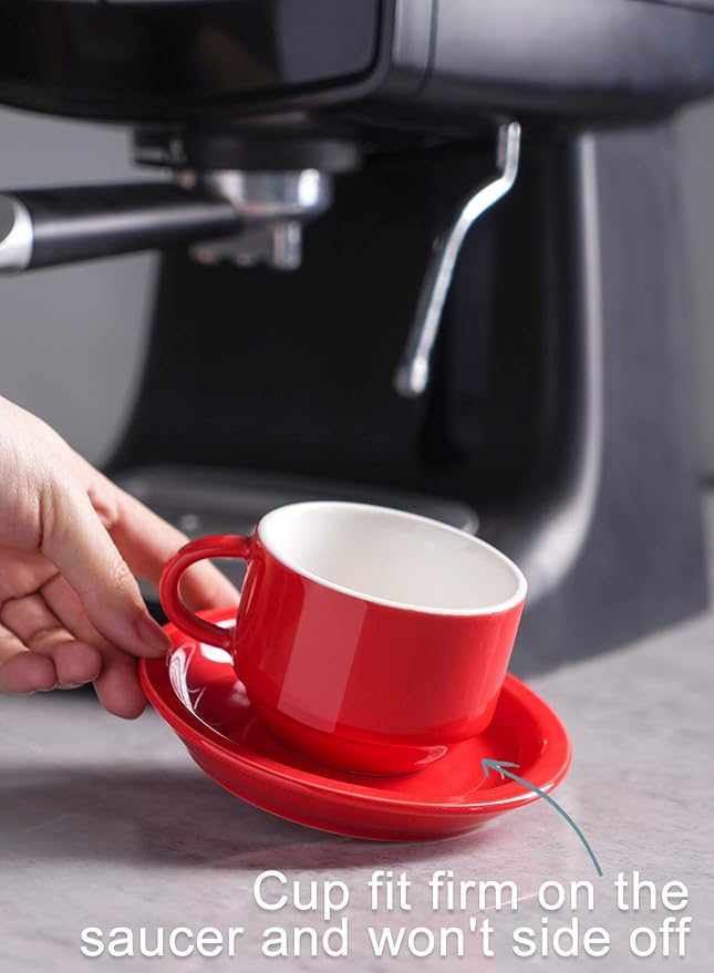 Sweese 4 Ounce Porcelain Stackable Espresso Cups with Saucers and Metal Stand Set of 4, Red