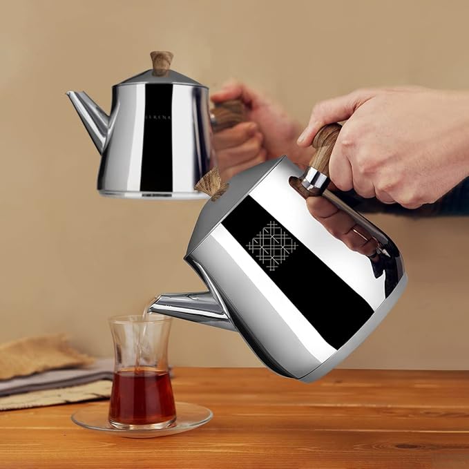 Serenk Definition Stainless Steel Teapot Set, 1L Teapot & 2L Lower Pot, Double-Stacked Design, Induction Compatible, Mirror Polished Finish, Tea Kettle for Home