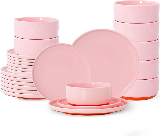 24 Piece Dinnerware Set, Dual Glaze Stoneware Plates and Bowls Sets, Modern Dinner Plate, Salad Plate, Cereal Bowl, Dish Set for 8, Microwave and Dishwasher Safe, Pink