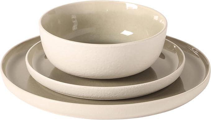 Gibson Elite Tahoe Sunset 12-Piece Reactive Stoneware Dinnerware Set – Matte Exterior & Shiny Interior Plates and Bowls, Durable Everyday Dish Set, Microwave & Dishwasher Safe - Taupe