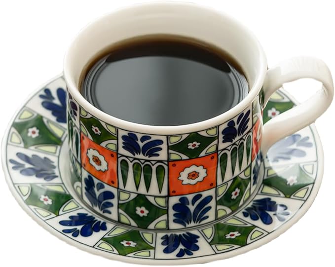 Ceramic Coffee Mug with Saucer 10 OZ Turkish Iznik Green Red Blue Flower Porcelain Coffee Cup Set for Home Office Women Men Gifts CM06