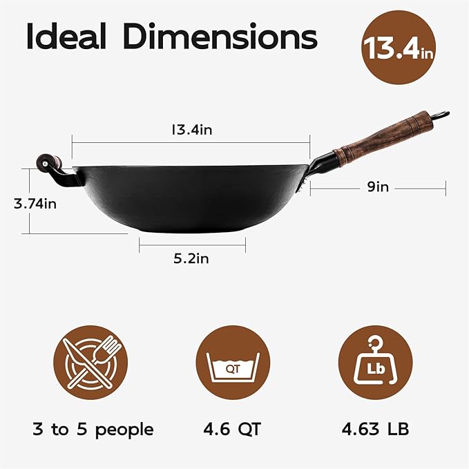 WANGYUANJI 13.4 Inch Traditional Cast Iron Wok with Wooden Lid and Stainless Spatula, Flat Bottom Double-Handle Chinese Stir Fry Pan, Uncoated Cast Iron Wok for Induction, Gas and Electric Stoves