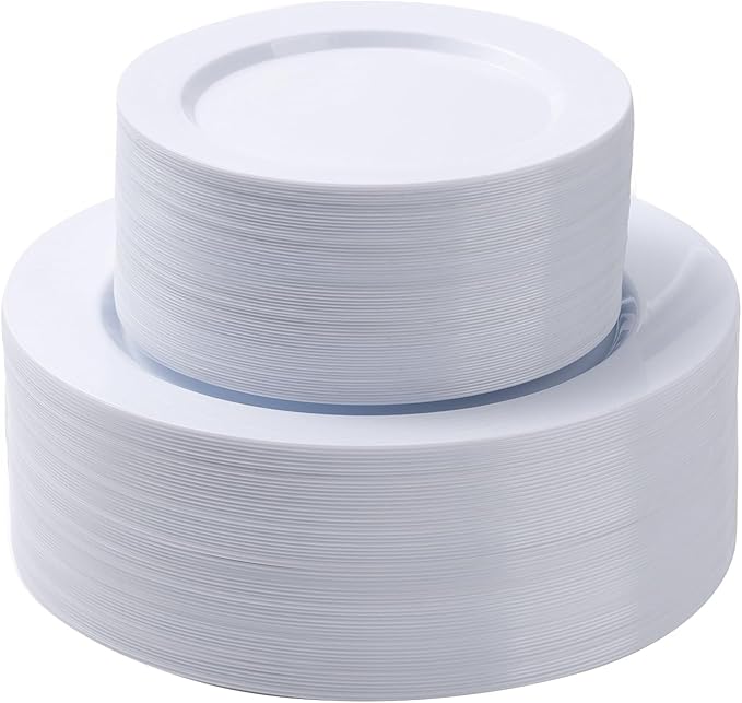 BESTSTAR 100PCS White Plastic Plates Set, 50 10.25 inch Dinner Plate and 50 7.5 inch Dessert Plates, Premium Disposable Plates for Party, Wedding