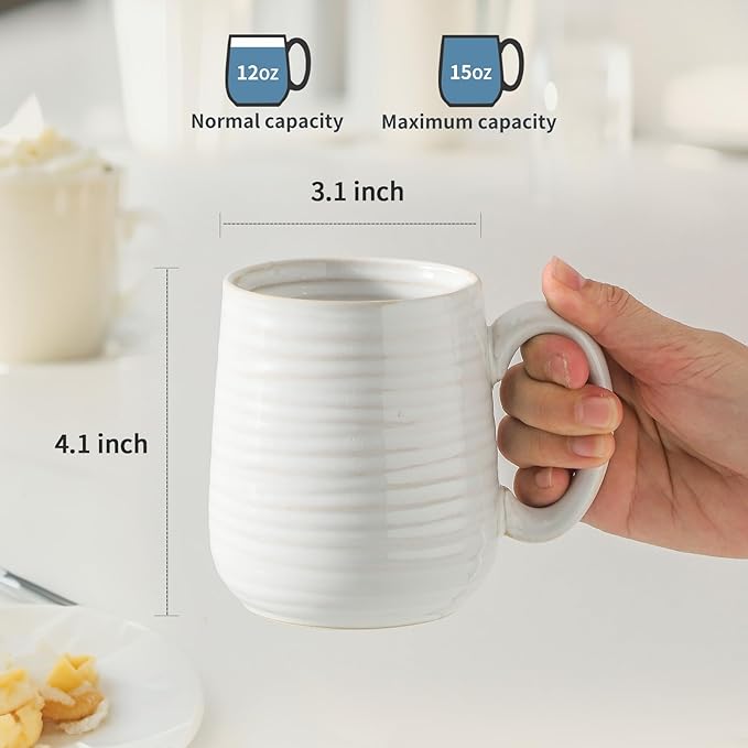 Coffee Mugs, Ceramic Mug Sets for Dad and Mom as Gifts, 15oz Coffee Cups for Latte Milk Cappuccino Cocoa Tea Mocha, Dishwasher and Microwave Safe, Set of 6, Arctic White