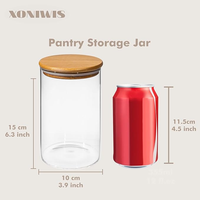 32oz 6PCS Round Airtight Glass Food Storage Jars, Clear Glass Food Storage Container with Bamboo Lid, Stackable Spice Jar, Kitchen Canister for Sugar, Tea, Coffee bean, Pasta, Oat, Spice