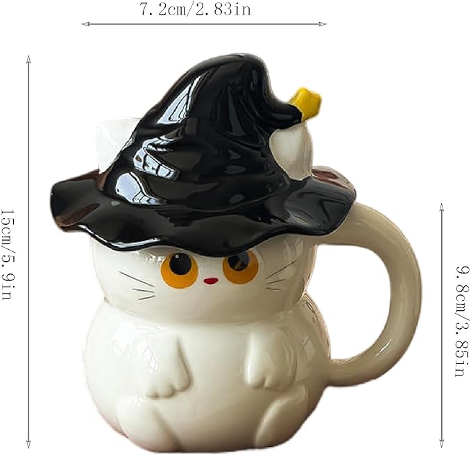 Cute Magic Cat Mug, Halloween Cat with Hat Cup, Mugs for Cat Lovers, Ceramic Mug with Lid, Gifts for Adults Kids Women